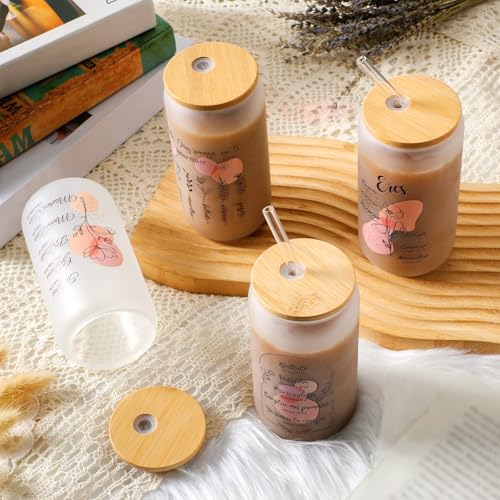 Tioncy 4 Pcs Spanish Christian Glass Cups 16 oz with Bamboo Lids Straw