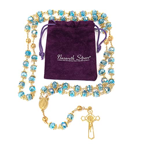 Nazareth Store St. Benedict Deep Blue Crystal Beads Rosary Prayer Necklace Golden Miraculous Medal & Gold Enamel Cross - color: Blue
