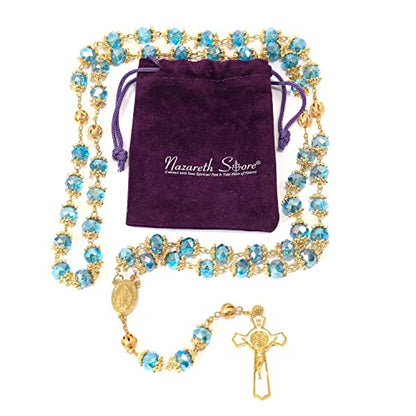 Nazareth Store St. Benedict Deep Blue Crystal Beads Rosary Prayer Necklace Golden Miraculous Medal & Gold Enamel Cross - color: Blue