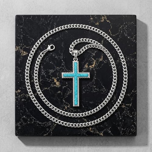 MRENITE Silver Natural Stone Cross Necklace, Classic Latin Cross Pendant Necklace for Unisex Women Man, Vintage Crystal Quartz Cross Necklace with 20+2 Inches Adjustable Cuban Chain - style: Turquoise