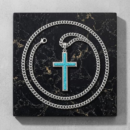 MRENITE Silver Natural Stone Cross Necklace, Classic Latin Cross Pendant Necklace for Unisex Women Man, Vintage Crystal Quartz Cross Necklace with 20+2 Inches Adjustable Cuban Chain - style: Turquoise