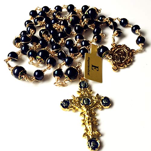 elegantmedical HANDMADE ROSARY Wire Wrapped AAA+ Black Real Pearl Bead Catholic Necklace jesus Cross Gift Box