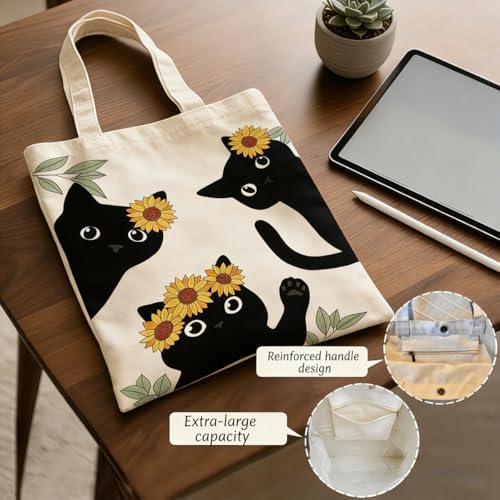Canvas Tote Bags Reusable Shopping Bag for Women with Zippered Inner Pocket Magnetic Snap Closure - color: Black Cat 3