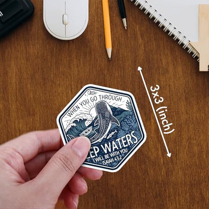[9pcs x 3''] When You Go Through Deep Waters Whale Shark Sticker Bible Christian Faith Religious Waterproof Vinyl Stickers for Laptop, Water Bottle, Cars, Tumbler Decal