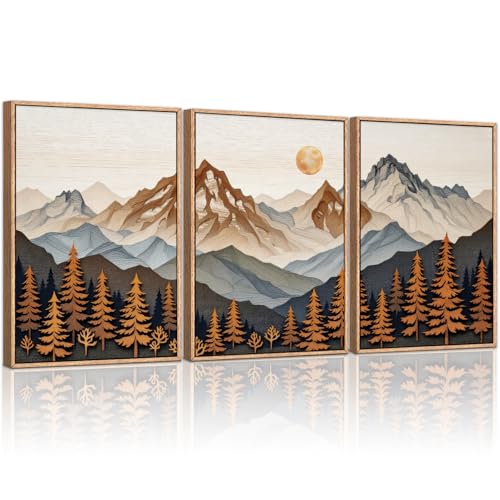 HLNIUC Large Boho Mountain Framed Canvas Wall Art Set,Woodcut Style Mountain Wall Decor,Vintage Forest Pine tree Art Prints,Nature Sunrise Landscape Wall Painting for Living Room,Bedroom - 16”x24”x3 - color: Boho Mountain, size: 16"L x 24"W
