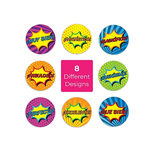 SBLABELS Spanish Reward Stickers / 500 Espanol Teacher Classroom Reward Stickers / 8 Alternating Superhero Comic Designs / 1.5" Student Praise Sticker - color: Spanish Superhero