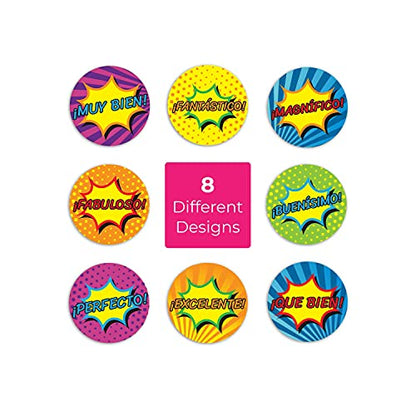 SBLABELS Spanish Reward Stickers / 500 Espanol Teacher Classroom Reward Stickers / 8 Alternating Superhero Comic Designs / 1.5" Student Praise Sticker - color: Spanish Superhero
