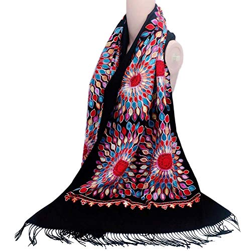 Urban CoCo Embroidered Scarf for Women, Tassel Shawl, Soft Lightweight Wrap - color: Black