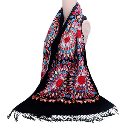 Urban CoCo Embroidered Scarf for Women, Tassel Shawl, Soft Lightweight Wrap - color: Black