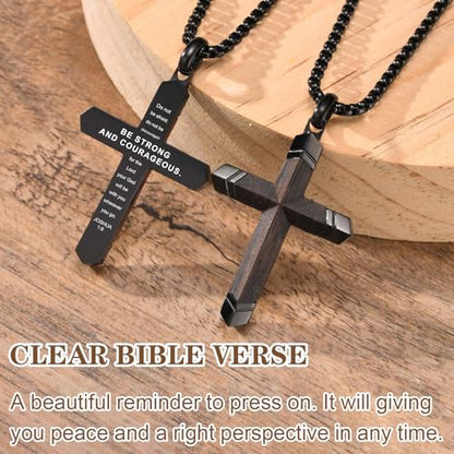 FLHEART Wooden Cross Bible Verse Necklace for Men, Hawaiian Handmade Real Black Ebony Wood Cross Pendant Stainless Steel Chain, Mens Cross Necklaces Koa Wood Jewelry Christian Baptism Easter Gifts - style: Joshua 1:9 - 1pc