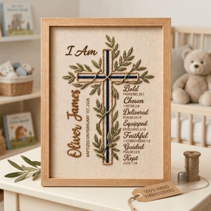 NAZENTI Custom Hand Embroidery Wooden Frame Sign Baptism Gift for Boy, Personalized Embroidered Floral Sign with Name - color: DS05