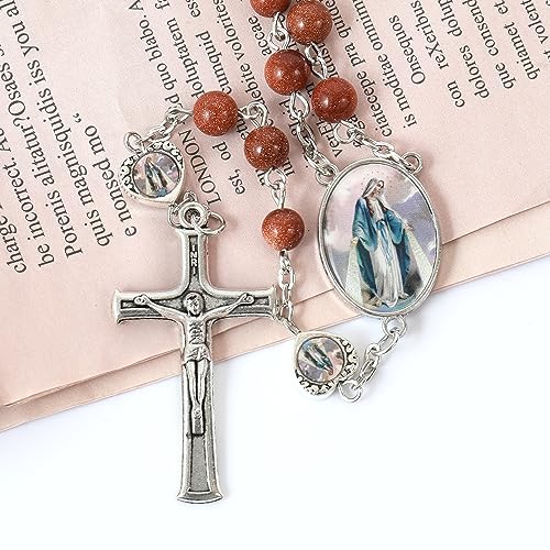 Nazareth Store Natural Stone Beads with Miraculous Epoxy Heart Metal Beads Rosary Necklace Gemstone Christian Gifts - color: Sandstones