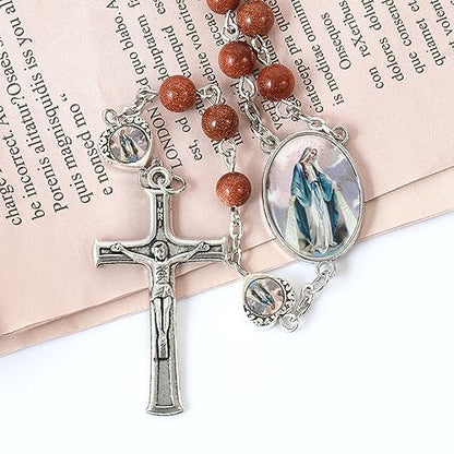 Nazareth Store Natural Stone Beads with Miraculous Epoxy Heart Metal Beads Rosary Necklace Gemstone Christian Gifts - color: Sandstones