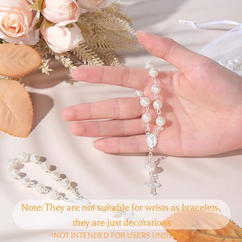 10 Set Baptism Party Favors Mini Rosary Beads Faux Pearls with Organza Bags for Christening Weddings First Communion Party Favors - style: Silver Rose
