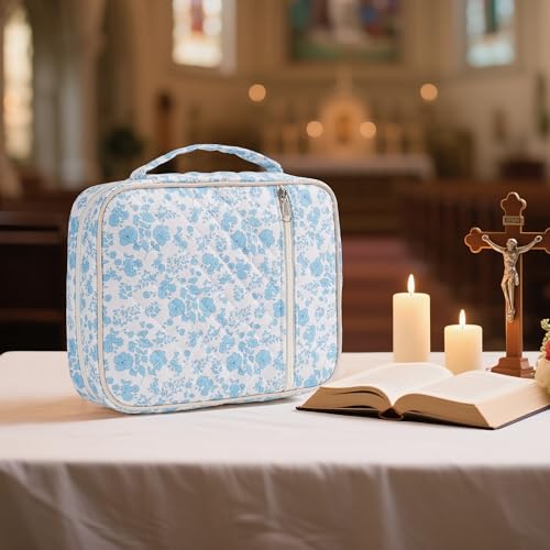 Bible Cover Case for Women Large Floral Bible Bag Organizer Quilted Study Supplies Accessories Carrying Cases for Girls Portable Tote Bag Christian Gifts - color: Blue Flower