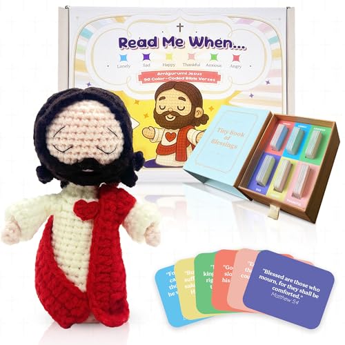 Jesus Plush Christian Bible Verse Scripture Cards with Crochet Jesus Stuffed, Christian Gifts for Women, Inspirational Prayer Cards, Faith Gift for Women Communion Gifts Read Me When Baptism Gifts Encouragement Gift - color: Jesus