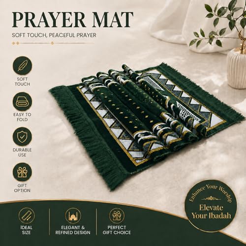 Velvet Muslim Prayer Mat Set, Soft Salah Rug, Islamic Gift for Men & Women (Green) - color: Green