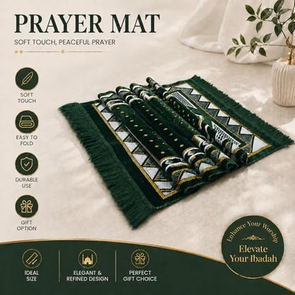 Velvet Muslim Prayer Mat Set, Soft Salah Rug, Islamic Gift for Men & Women (Green) - color: Green