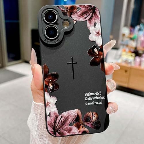 Bible Verse Phone Case for iPhone 16 Case, Cute Simple Cross with Flower Design, Soft TPU Shockproof Protective Cover for Girls Women-Black - color: Black-2, size: iPhone 16