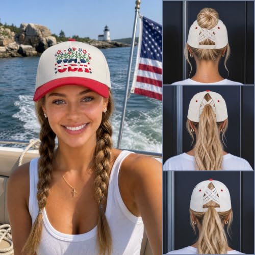 C.C Women's Criss-Cross Ponytail Trucker Hat - Snapback, One Size - color: Floral Usa-red