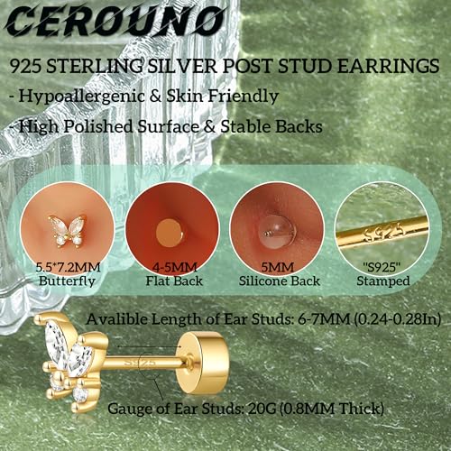 CEROUNO Flat Back Stud Earrings - 925 Sterling Silver Post Flatback Earrings Gold Silver Cubic Zirconia Earrings Studs for Women - color: Gold Butterfly