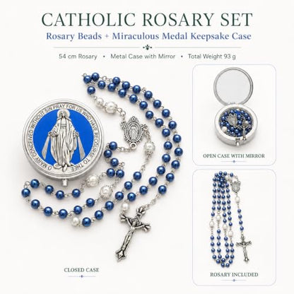 Catholic Pearl Cross Rosary Necklace — Ideal for Baptism, Prayer, Devotion — 6mm Glass Beads & 8mm Our Father Beads w/Caps, Miraculous Jewelry Box – Perfect Religious Gift for Women, Men - color: Blue