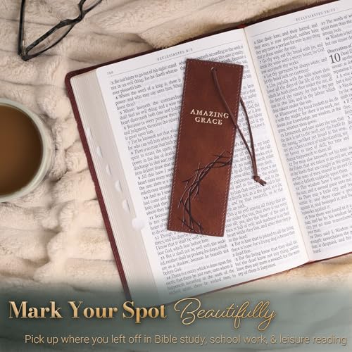 Christian Art Gifts Premium Faux Leather Scripture Bookmark: Amazing Grace - color: Brown Crown of Thorns/Amazing Grace