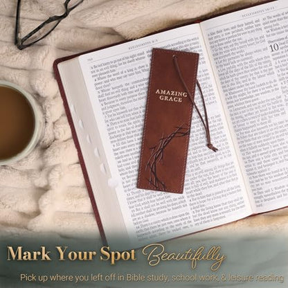 Christian Art Gifts Premium Faux Leather Scripture Bookmark: Amazing Grace - color: Brown Crown of Thorns/Amazing Grace