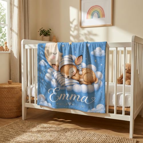 Personalized Baby Blanket With Name, Custom Baby Blankets Gift for Boy Girl - color: Cloud Blue, size: Deer