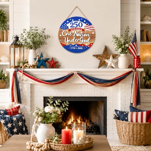 JarThenaAMCS 250th Anniversary Welcome Door Sign Patriotic 3D Wooden Hanging Sign American Flag Fireworks Round Door Hanger for 4th of July Independence Memorial Day Home Wall Decorations, 12 Inch - style: American Flag