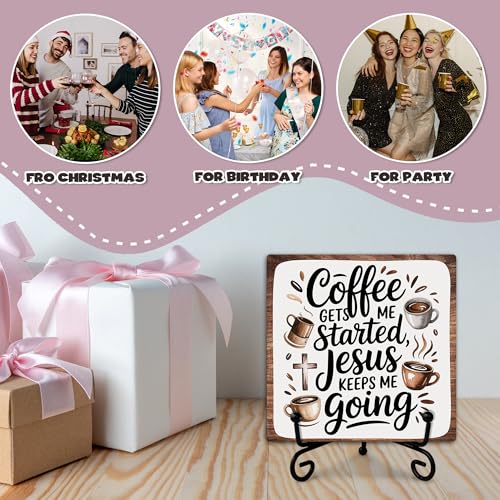 Coffee Gets Me Started Jesus Keeps Me Going Wooden Sign Decor, Rustic Wooden Plaque Sign With Iron Stand,Christian Home Office Bar Desk Shelf Decorations - style: Coffee