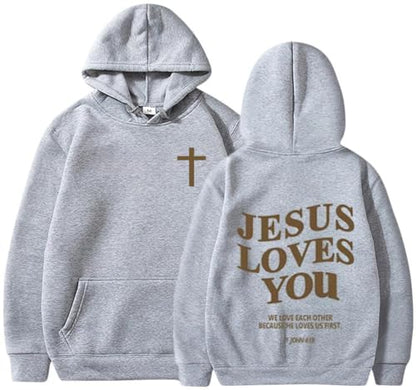 Jesus Loves You Hoodie Christian Faith Tops Religious Sweatshirt God Bible Verse Cross Graphic Pullover - color: Light Gray, size: Small