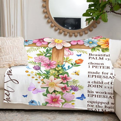 ENCYCOM Personalized Gods Say You are Blanket – Christian Faith Throw Blanket Bible Verses, Affirmation Religious Bedding for Women, Christmas Birthday Gift (Faith Cross Floral)