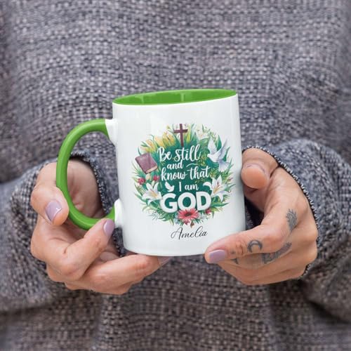 Custom Name Christian Religious Coffee Cup, Floral Wreath And Doves Design Mug, Personalized Christian Ceramic Cup 11oz 15oz, Bible Verse Accent Mug, Customized Christian Cup For Men Women - color: HOA-624-2164-THAT I AM GOD MUG