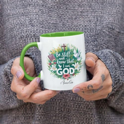 Custom Name Christian Religious Coffee Cup, Floral Wreath And Doves Design Mug, Personalized Christian Ceramic Cup 11oz 15oz, Bible Verse Accent Mug, Customized Christian Cup For Men Women - color: HOA-624-2164-THAT I AM GOD MUG