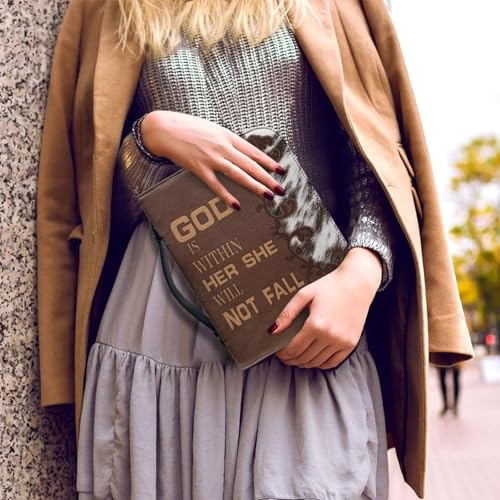 Dellukee Bible Cover Case Brown God is Within Her She Will Not Fall Print Book Cover Leather Bible Case for Women Girls with Handle - color: Brown Leather She Will Not Fall, size: Large-bible size ≤9.2*6*1.6 inch