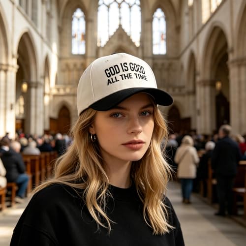 Embroidered Christian Two-Tone Baseball Cap for Men & Women, Adjustable Dad Hat Christmas Easter Gift - color: God is Good All the Time, Black/Beige