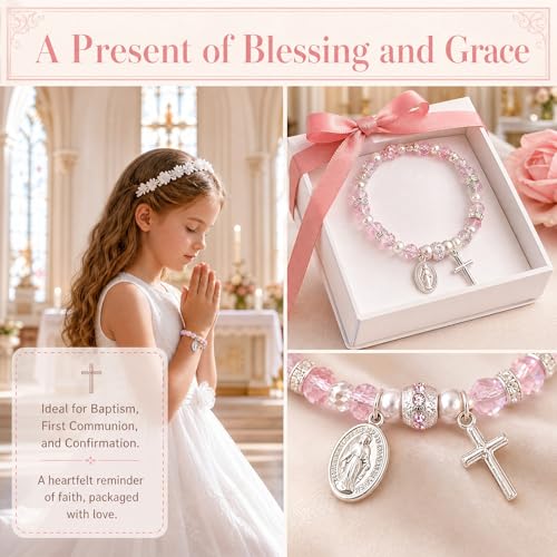 Women Stretch Rosary Bracelet Beaded Crucifix & Miraculous Medal - color: HOLY2