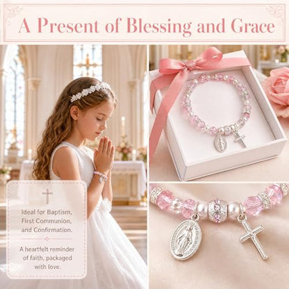 Women Stretch Rosary Bracelet Beaded Crucifix & Miraculous Medal - color: HOLY2