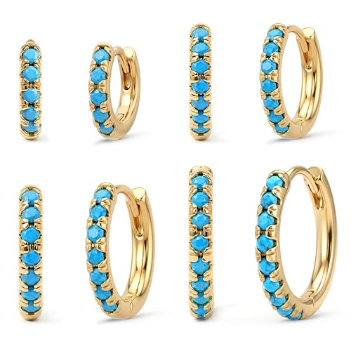 Small Gold Huggie Hoop Earrings Set for Women Men Hypoallergenic 14K Plated Stack Cartilage Earrings, Sterling Silver Multiple Piercing Lightweight Mini Thin Cute Dainty Trendy Jewelry Gifts for Women - color: Gold+Turquoise-6,8,10,12mm