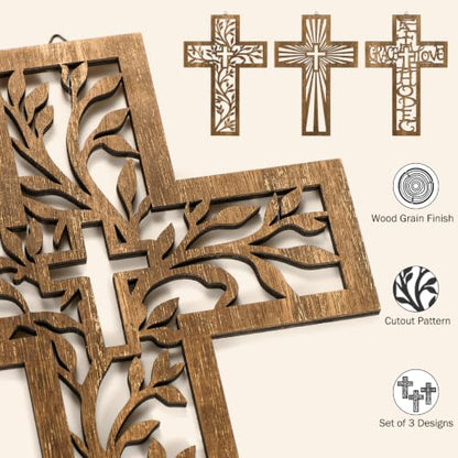 3 Pcs Wooden Cross Wall Decor, 12 Inch Wall Crosses for Christian Home