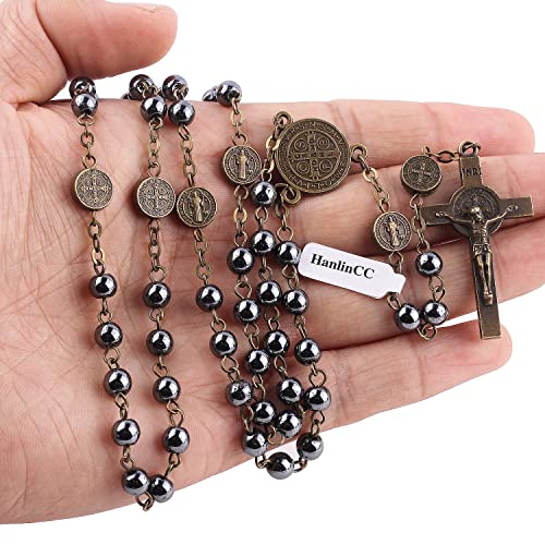 HanlinCC Catholic Rosary St.Benedict Hematite Necklace with Gold Plated Box