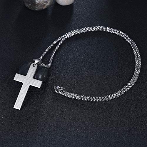 Mens Bible Verse Lords Prayer Cross Pendant Necklace Chain Men Women - color: Silver