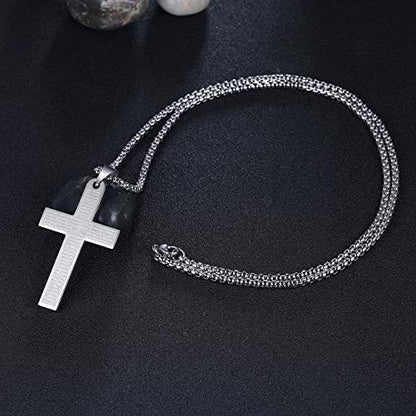 Mens Bible Verse Lords Prayer Cross Pendant Necklace Chain Men Women - color: Silver