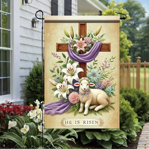 He Is Risen Garden Flag 12x18 Inch Double Sided Outdoor Yard Banner Easter Cross with Lamb and Lilies Christian Religious Spring Decoration for Porch Lawn Church Home Decor - color: Easter Lamb Risen #4