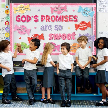 Valentine's Day Sweet Candy Bulletin Board Set Christian Classroom Decorations Valentines Religious God’s Promises Candy Paper Cutouts for Sunday School Church Office Home Chalkboard Wall Door Decor - style: God’s promises are so sweet