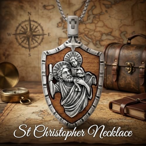 ONEFINITY Wooden Necklace Viking Wolf/St Benedict Medals/St Michael/Crucifix/St Christopher Pendant Necklace for Men Archangel Amulet Wooden Religious Jewelry Gifts for Men Women - style: St Christopher