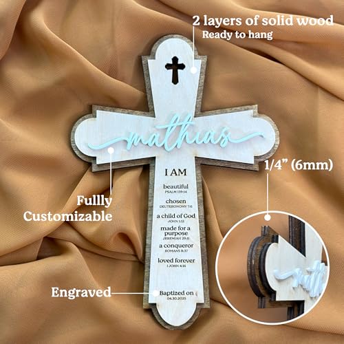 SugoiDesign Personalized Baptism Cross | Personalized Wood Cross | Religious Keepsake Baptism Gifts | Wooden Sign Baptism Gifts for Girls and Boys | Baby Baptism Cross| Home Decor Wall Cross