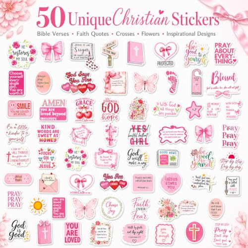 50PCS Christian Stickers for Kids, Bible Verse Stickers Vinyl Waterproof - color: Pink Bible