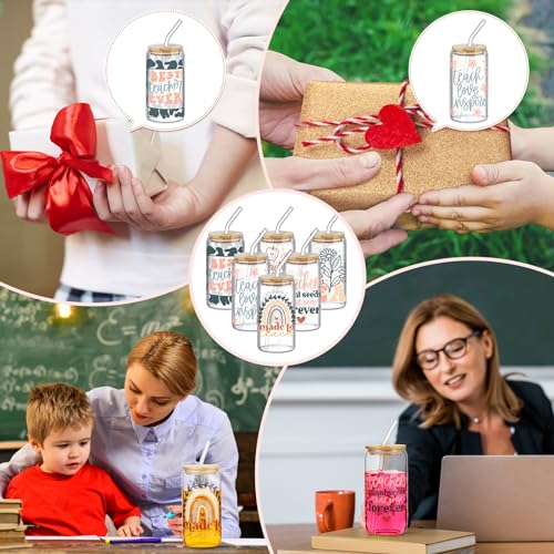 SiliFine 6 Pcs Teacher Gift Glass Cups, 16 oz with Lids and Straws - style: Teacher